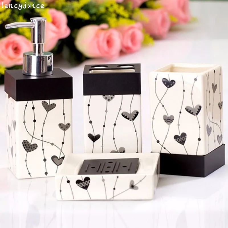 

Porcelain Heart Bathroom sets 4 pcs bath accessories Ceramic Square black and white painted tooth brush holder wash gargle suit