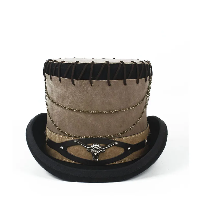 High quality 100/% wool leather strapped large steam punk top hat /& goggles