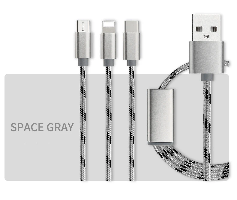 3 в 1 USB кабель 2 в 1 Тип C 8 Pin кабель зарядного устройства микро-usb для iPhone X samsung S9 S8 huawei P20 3A USB-C Android телефонные кабели - Цвет: Серый