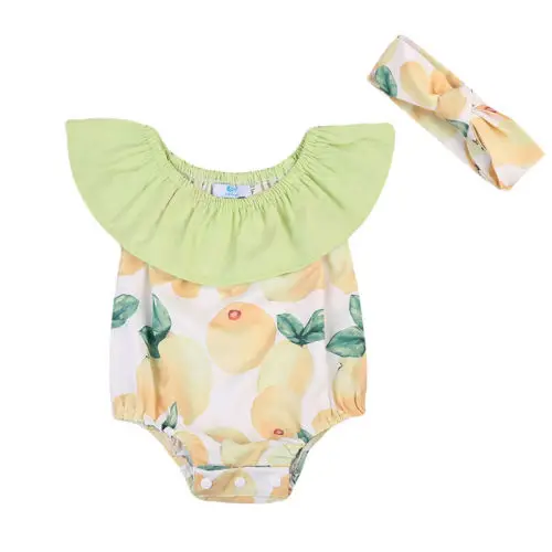Lemon Fruit Print Ruffled Round Neck Baby Girls Sleeveless Romper