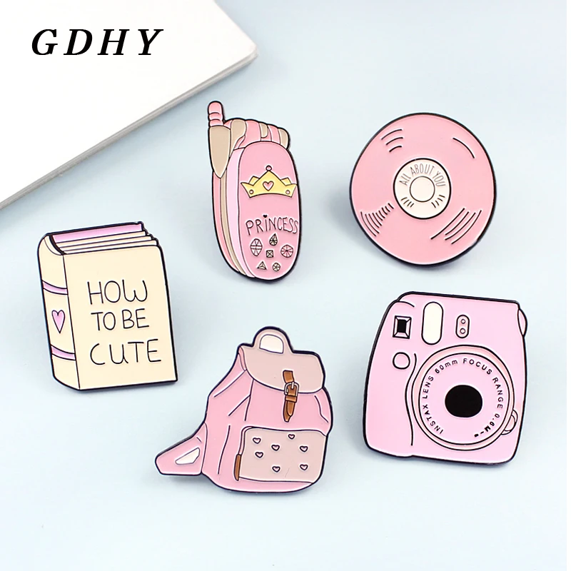 

GDHY Cartoon Pink CD Mobile Phone Backpack Book Camera Brooch For Kids Enamel Pin Pink Badges Lapel Pins Denim Jewelry Gift