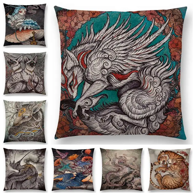 Чехол на диванную подушку с изображением темных волшебных существ таинственных монстров мифических зверей, кошек, оленей, птиц, лисы, тигра, змеи