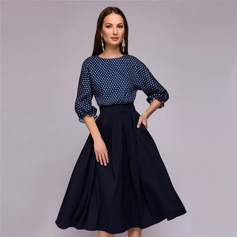 2018 Autumn Women Vintage Polka Dot Dress Three Quarter Sleeve High
