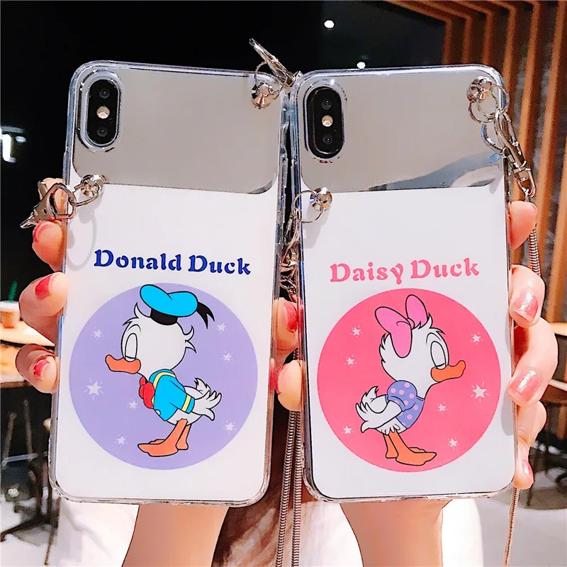 Cartoon Donald Duck Daisy mirror face Phone Cases for iPhone XS MAX XR X 8 7 plus 6 6s Plus Silicone Soft Back Cover + chaining |