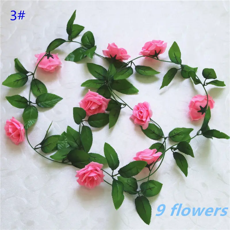 1pcs/lot 230-250cm Artificial Flowers Silk Roses Ivy Vine diy with Green Leaves Fake leaf artificial flowers for home decoration - Цвет: 3 Dark Pink-9 flower