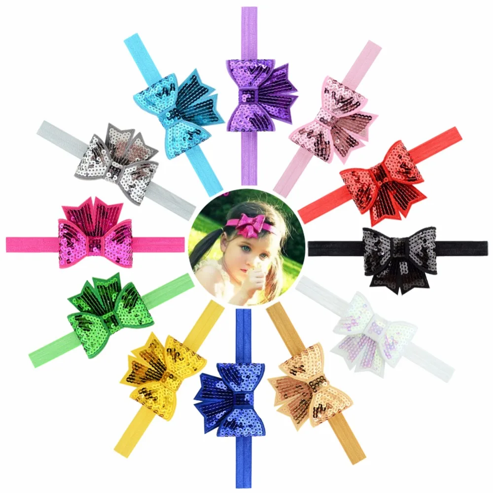 

12Pcs/lot 2.75'' Hand-made Sequins Flower Bow Glitter Elastic Headband with Girls Pretty Headbands Hairband Hair Accessories 782