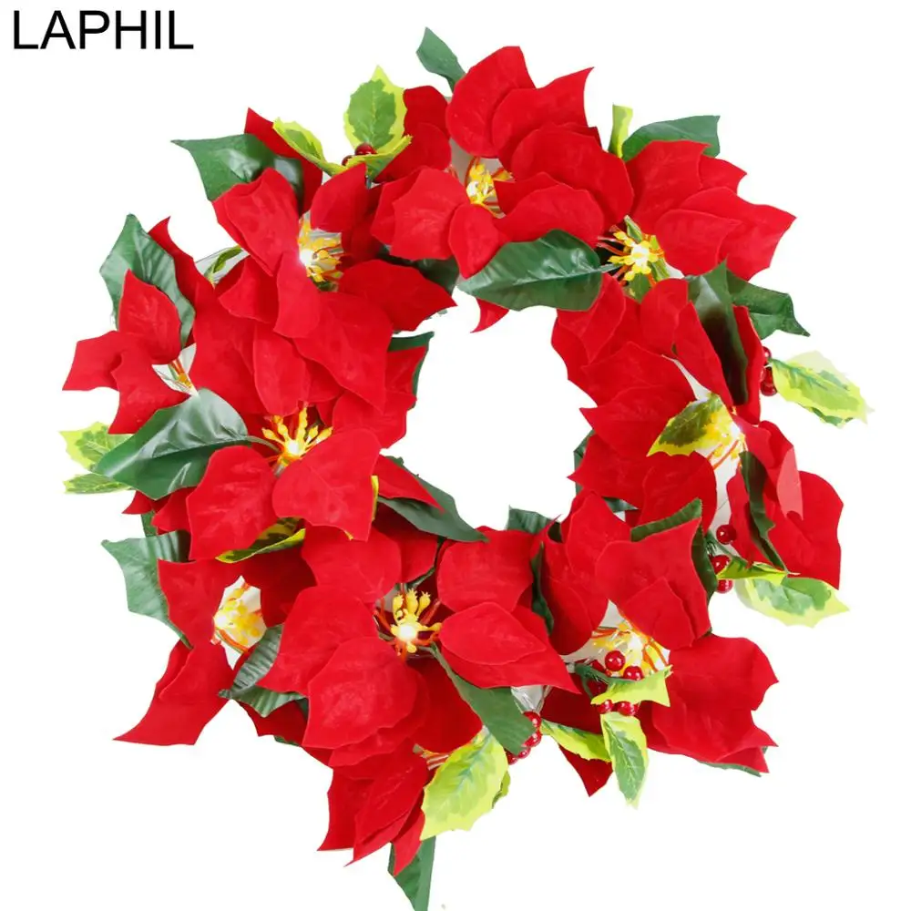 

LAPHIL 10 Heads Christmas Red Poinsettia LED Light Garland with Holly Leaf Red Berries Christmas Decorations for Home Xmas Gifts