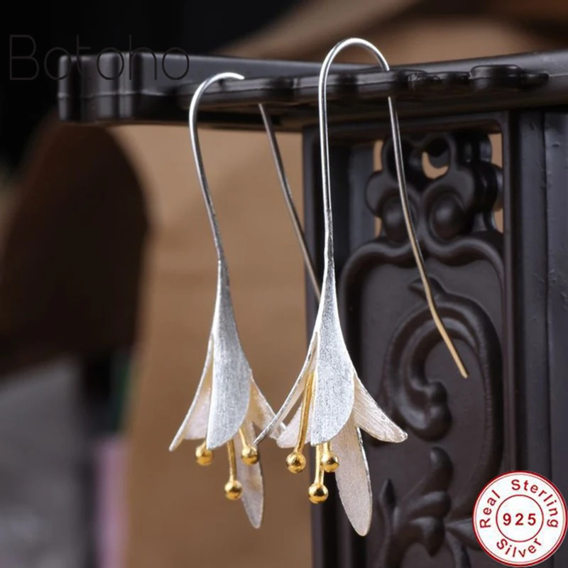 

925 sterling silver long flower earrings women's new design cute girl Christmas gift jewelry Popular style charm silver earrings