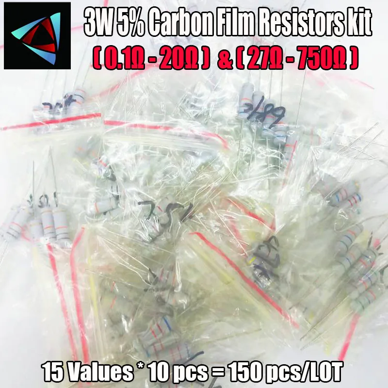 

75Pcs 3W Carbon Film Resistors 0.1 Ohm ~ 20 ohm or 27 ohm ~ 750 ohm 5% Assorted Kit Resistance 15 Values*5pcs Metal Oxide Film
