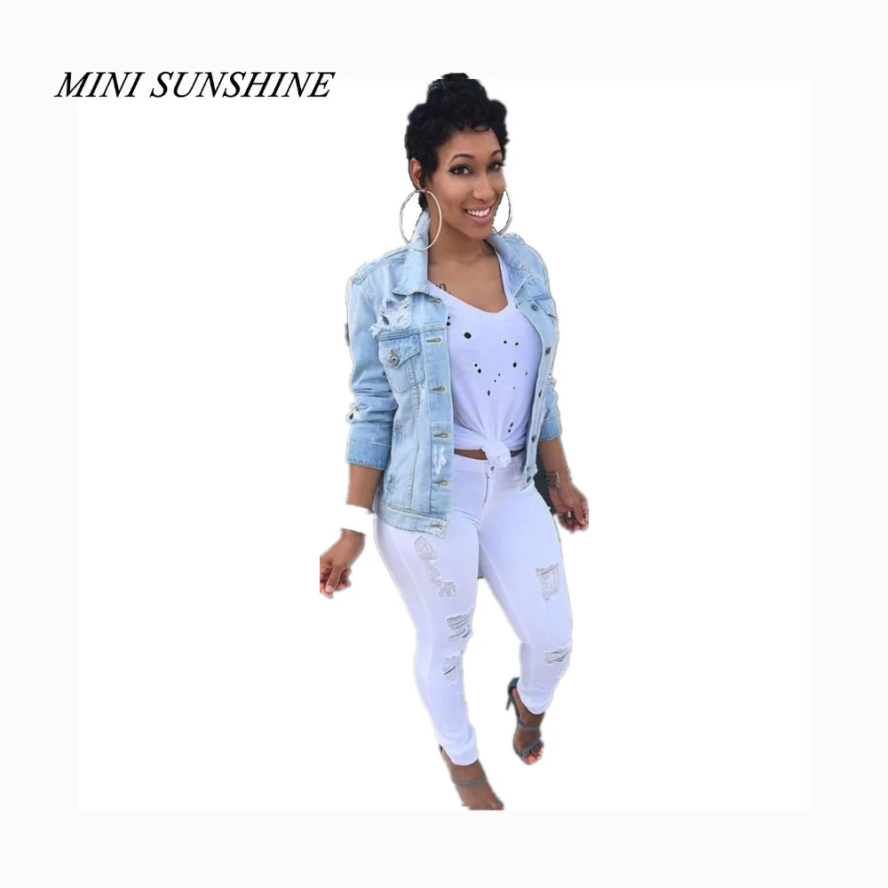 

Autumn Denim Hole Jacket Women Long Sleeve Short Jeans Jacket Ripped Hole Cotton Washed Blue Jeans Plus Size z4