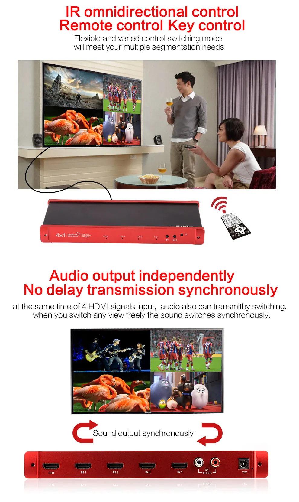 MiraBox 4X1 HDMI Multi-viewer HDMI Quad Screen Real Time Multiviewer with HDMI seamless Switcher 1080p HD IR HDMI Switch (5)