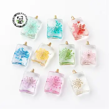 

50pc 30x18x10mm Rectangle Alloy Glass Pendants for Jewelry Making DIY, with Dried Flower Inside, Light Gold, Hole: 1.5mm