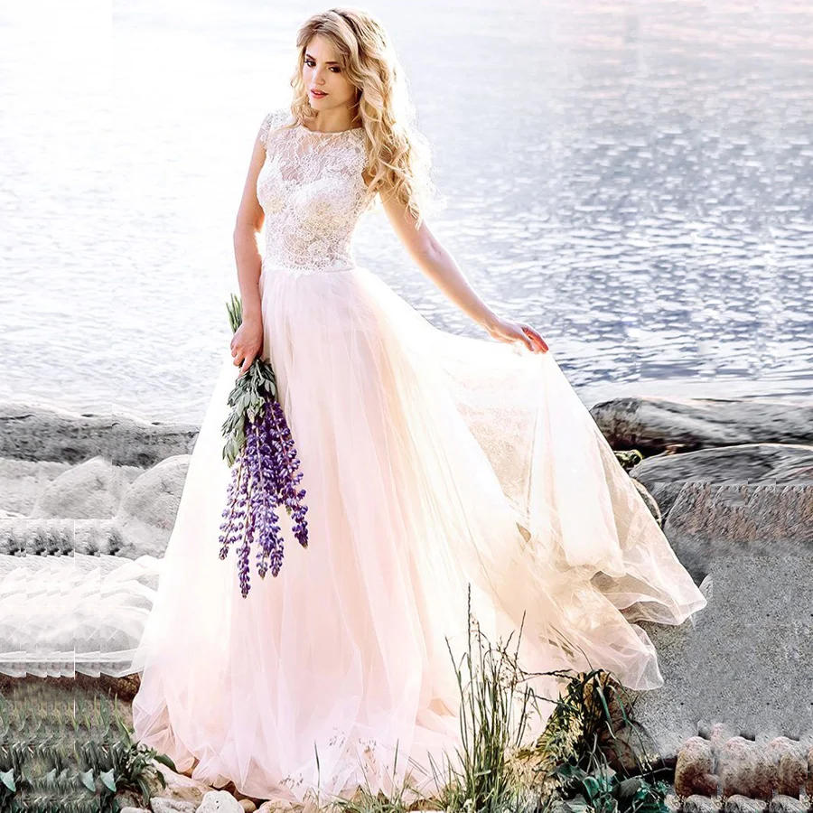 

ADLN Scoop Neck Wedding Dress vestido de noiva Cap Sleeve See-through Lace Wedding Dresses for Bride Back Buttons