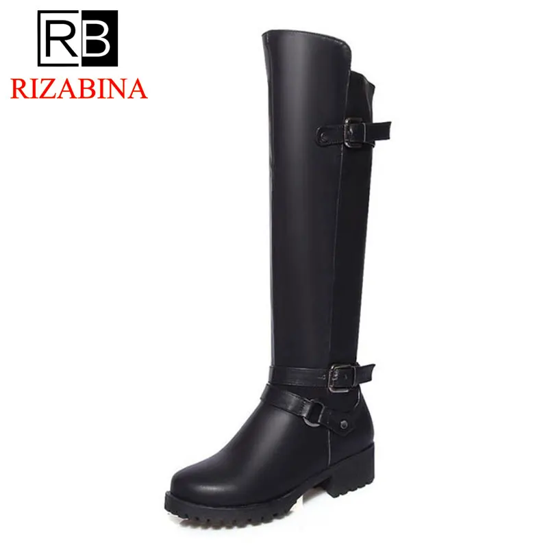 

RIZABINA Women Knee High Boots Warm Winter Shoes Women Motorcycle Buckle Thick Heel Boots Vintage Punk Footwear Size 34-43