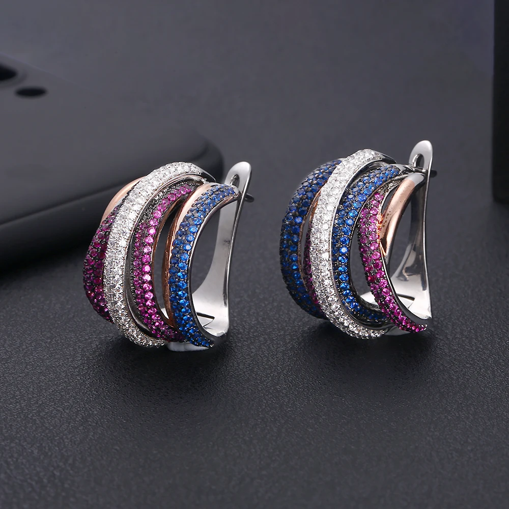 

jankelly25mm Luxury Twist Braided Lines Colorful Full Mirco Pink Cubic Zirconia Setting European Wedding Earring Fashion