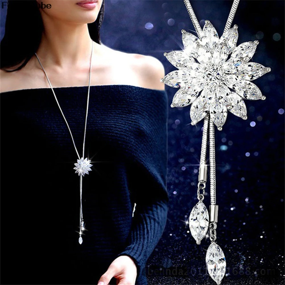 

Zircon Snowflake Long Necklace Sweater Chain Fashion Fine Metal Chain Crystal Rhinestone Flower Pendant Necklaces Adjusted