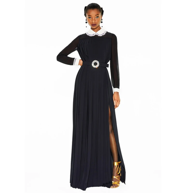 white sequin peter pan collar and cuffs buckle belted long sleeve maxi shirt dress ladies clothing pleated dress sale items