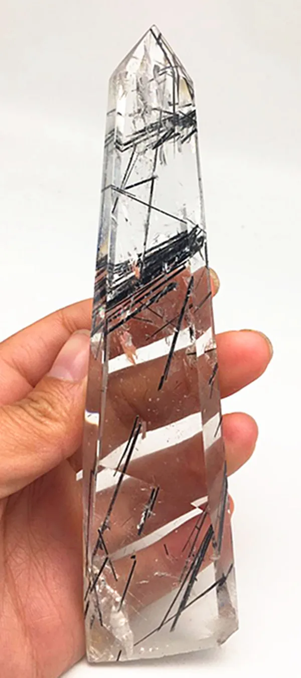 

166 g natural quartz crystal black tourmaline wand chakra square tip
