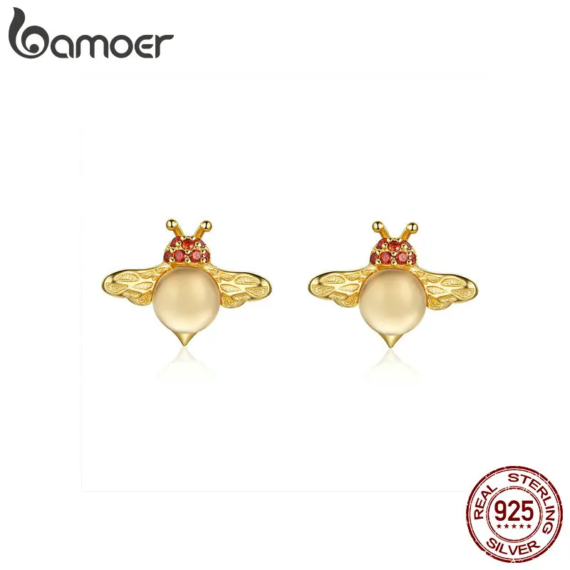 

BAMOER Baby Bee Stud Earrings for Women Solid Sterling Silver Red CZ Big Stone Ear Stud Anti-allergy Gifts for Girl BSE081