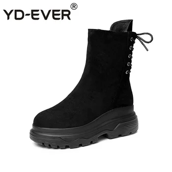 

YD-EVER New Warm Shoes Women Brand Real Leather Boots Back Cross-tied Lady chaussure Female footware Ankle Boot with Fur