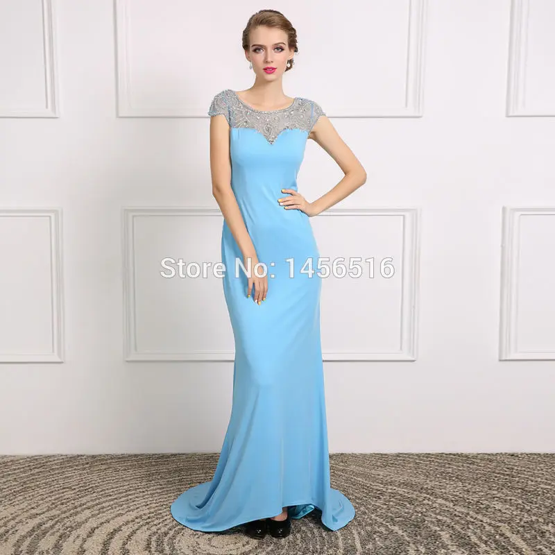 New Real Model Vestidos de Fiesta Long Formal Dress Cap sleeve Backless Beaded Mermaid Evening Dresses Long Robe De Soiree
