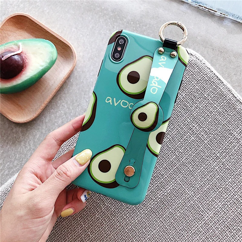 

Glossy IMD Phone Case for Iphone 7 8 6 6S Plus X Kickstand Wrist Strap Fresh Fruits Back Cover for Iphone X Xr X Max Case Coque