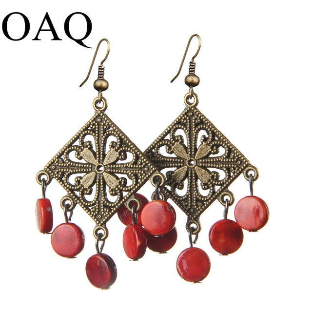 Women Retro Drop Earrings Carved Hollow Natural Beads Old Copper Women Retro Drop Earrings Carved Hollow Natural Beads Old Copper Hyperbole Bohemia Jewelry Gifts Lady Party