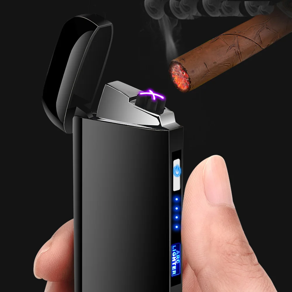 

1 PC USB Rechargeable Windproof Flameless Lighter LED Switch Double Arc Electric Lighters Metal Smoking Cigarette Lighter