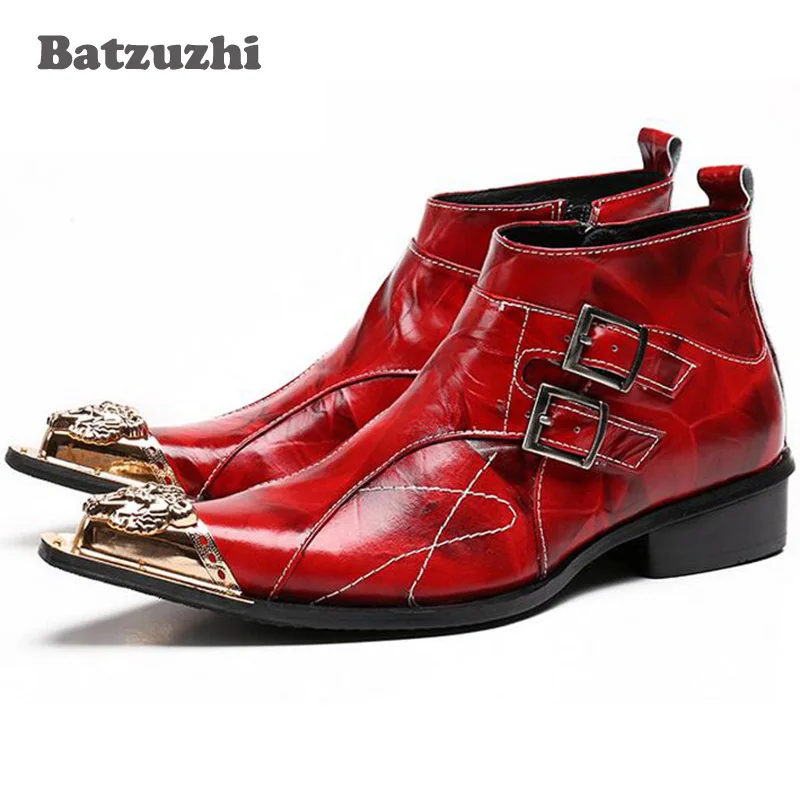 

Batzuzhi Italian Style Men Boots Red Leather Ankle Boots Pointed Toe Metal Tip Fashion Dress Boots Man Botas Hombre, Big Size 46