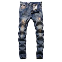Ностальгические Цвет Denim Мужчин Джинсы Высокого Качества Вскользь Проблемные Брюки DSEL Марка Рваные Джинсы Мужчины Ретро Улица Полоса Джинсы Homme