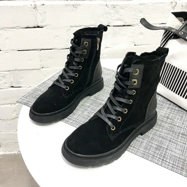 Botas Gruesa negro Cuero Otoño Mujeres Simple Suela Tubo Alto Retro Beige Moda Casuales 2018 Cómodos Martin Nueva Zapatos 7zfT4qqY