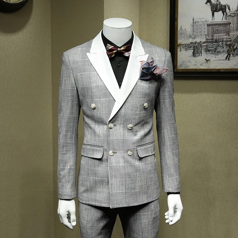 England Style White And Black Plaid Business Gentleman Blazer Suit Vintage Double Breasted Wedding Dress Smart Casual 3Pcs Sets