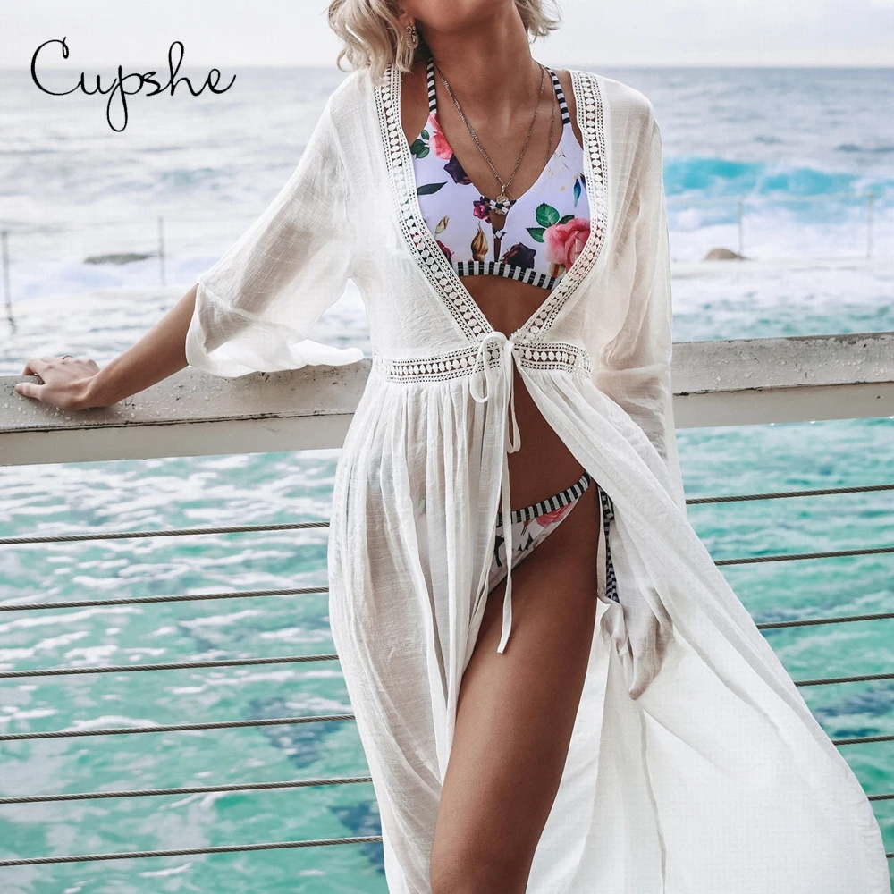 Kaufen CUPSHE Sexy Damen Frauen Solide Weiß Bikini Cover up Open Back Strand Kleid Bademode Strand Bade Sommer Badeanzug Tunika Kimono