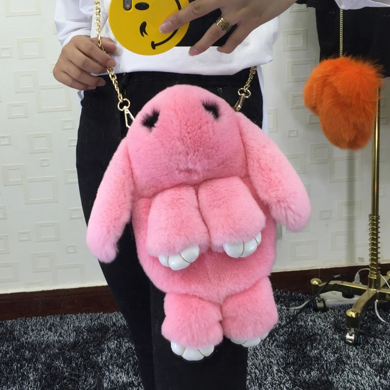 

2018 new 100% leather rabbit fur chain bag female models new winter grass bag diagonal shoulder bag cute rabbit