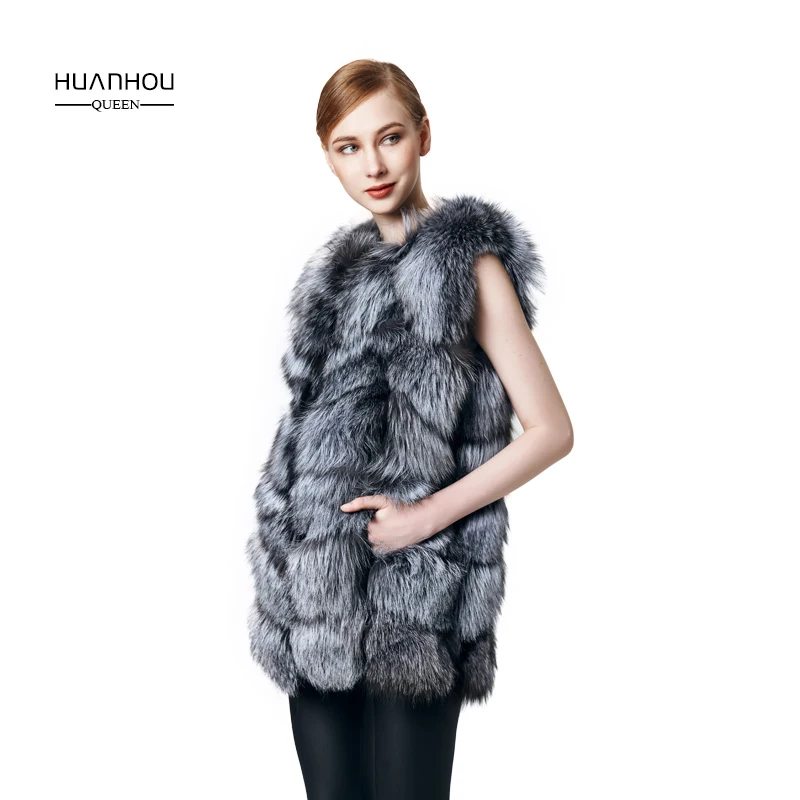 Huanhou queen real silver fox fur vest women\'s and girl\'s with high quality full pelt,warm fashion slim.