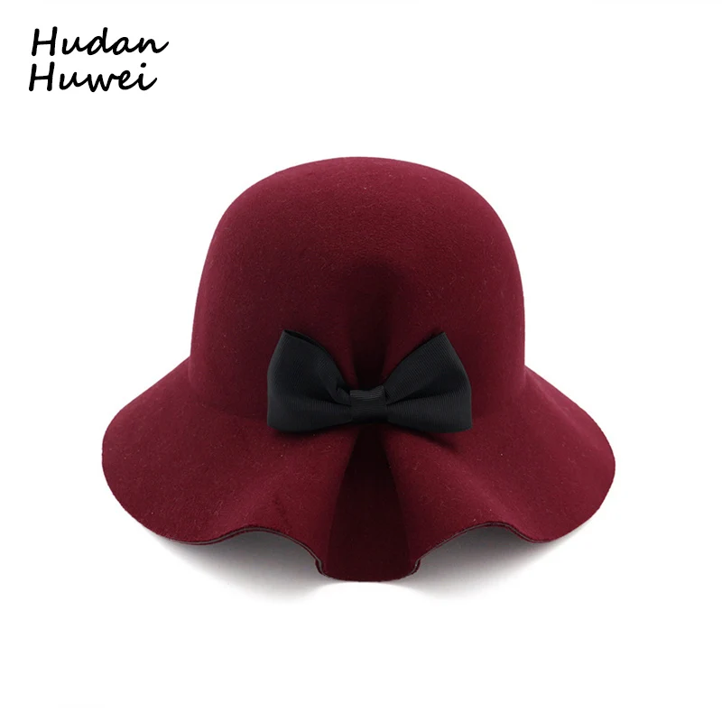 

Autumn Winter Korean Style Women Wool Felt Formal Party Jazz Trilby Fedora Hat with Bowknot Wide Brim Lady Hats GH-330