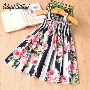 

Royal style full rose printing strap dress baby girls black white stripe beach dress high quality toddler girls party wedding