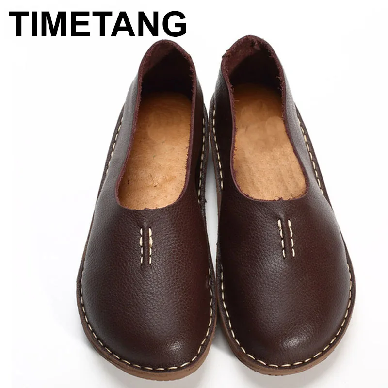 

TIMETANG Hand-made Women Shoes Flat 100% Authentic Leather Upper Casual Slip on Ladies Shoes Slip Resistance Rubber Sole C239