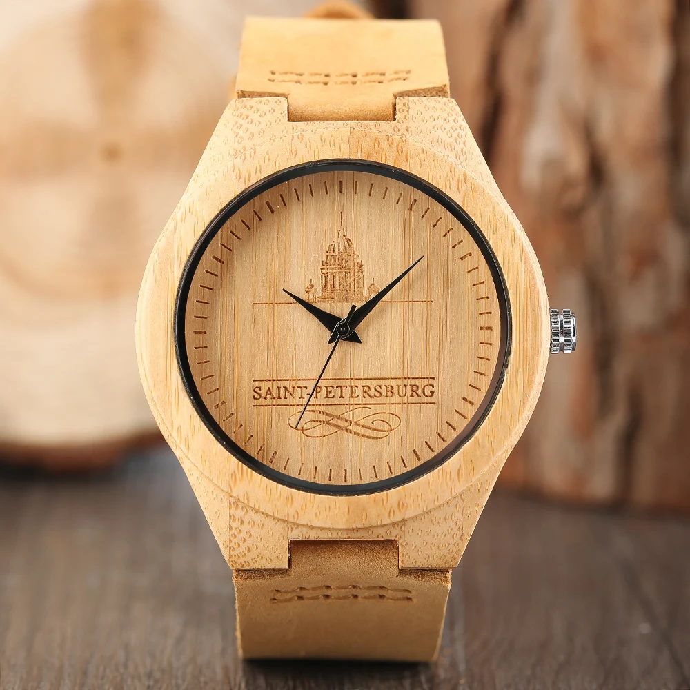 

Fashion Ladies Modern Creative Women Wrist Watches Men Saint Petersburg Bamboo Nature Handmade Gift Genuine Leather Band Relogio