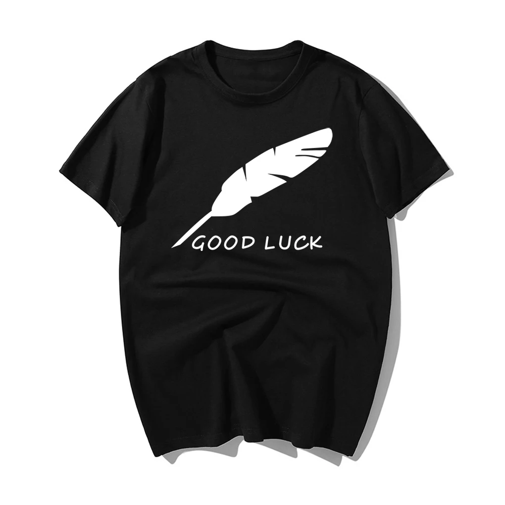 

2019 New Fashion Good Luck Men T Shirt Feather Pen Printed Feathers Men Summer Casual Homme Clothing Mens Hoodies Streetwear