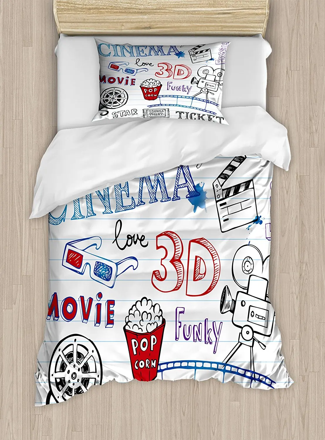 Duvet Cover Set, Various Hand Drawn Icons on a Notebook Page Style Backdrop Hollywood Fun, 4 Piece Bedding Set Duvet Cover Set, Various Hand Drawn Icons on a Notebook Page Style Backdrop Hollywood Fun, 4 Piece Bedding Set