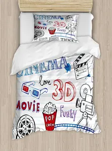 Duvet Cover Set, Various Hand Drawn Icons on a Notebook Page Style Backdrop Hollywood Fun, 4 Piece Bedding Set Duvet Cover Set, Various Hand Drawn Icons on a Notebook Page Style Backdrop Hollywood Fun, 4 Piece Bedding Set