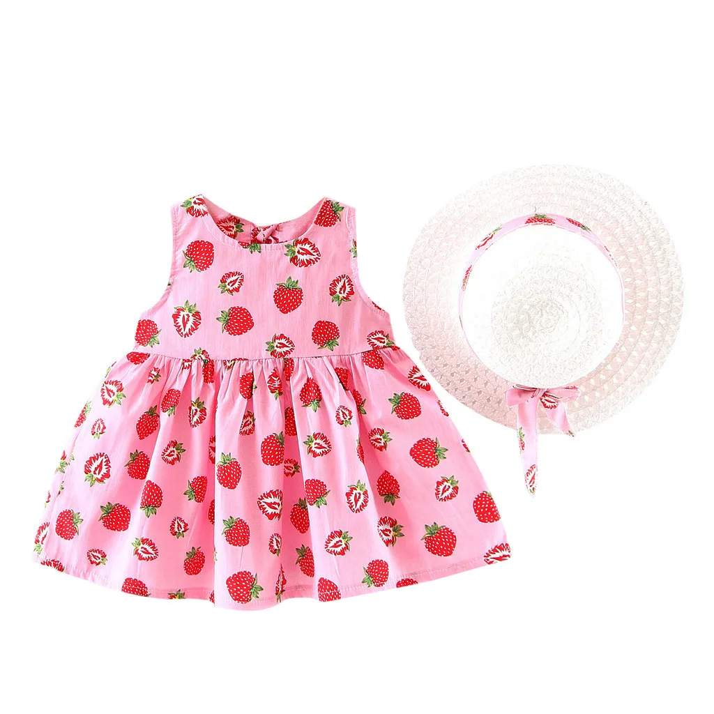 

LONSANT Newborn Baby Girls Dress Toddler Baby Kids Girls Fruit Printed Princess Dresses Hat Casual Baby Girls Summer Outfit