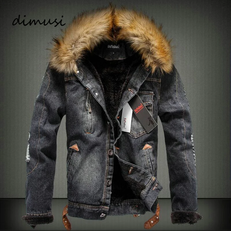 

DIMUSI Winter Jackets Mens Denim Jacket Faux Fur Stand Collar Male Retro Ripped Fleece Thick Warm Jeans Jacket and Coat 4XL,TA03