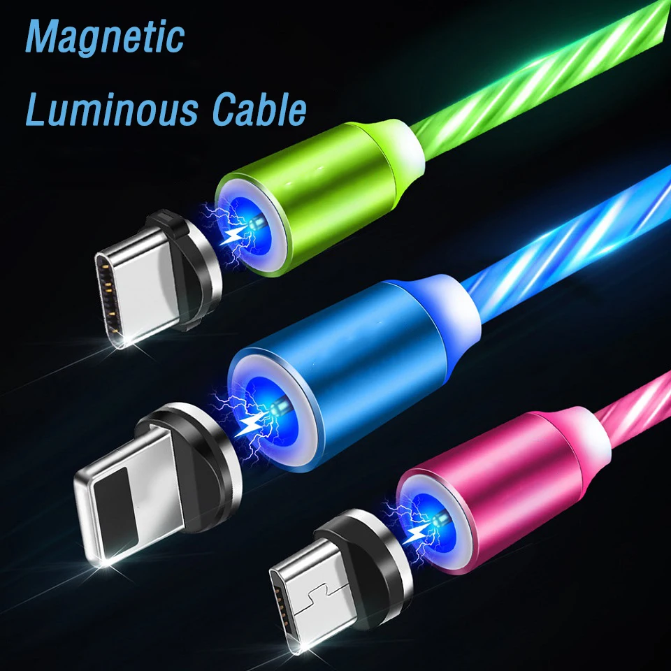 

Magnetic Flowing Light Cable Fast Charging Magnet flashlight Micro USB Type C For Iphone Samsung LED Cord Type-C Charger Cables