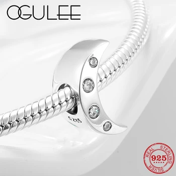 

100% Real 925 Sterling Silver Clear CZ Curved crescent Metal Bead Fine Jewelry Making Fit Original Pandora Charms Bracelet Women