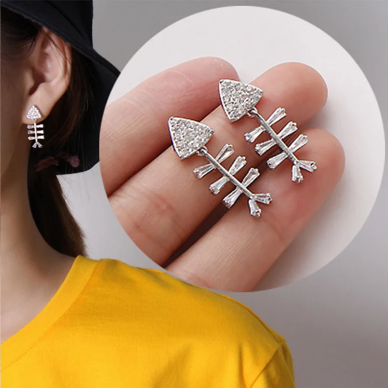S925 Sterling Silver Cute Shiny AAA Zircon Fishbone Stud Earrings
