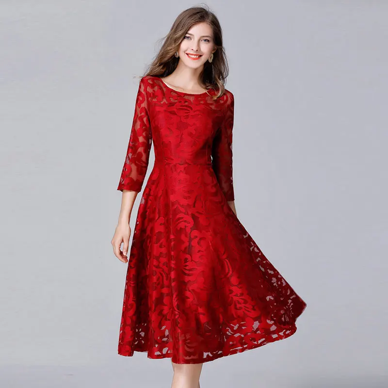 

women Autumn Elegant red Mesh lace embroidery Plus size Dress Vestidos L-5XL big size Dresses Large size party Office Lady dress