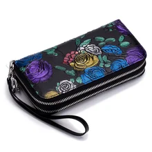 Cartera larga Floral de mujer con doble cremallera de gran capacidad de cuero genuino, tarjetero para tarjetas de crédito, bolso de mano con flores rosas