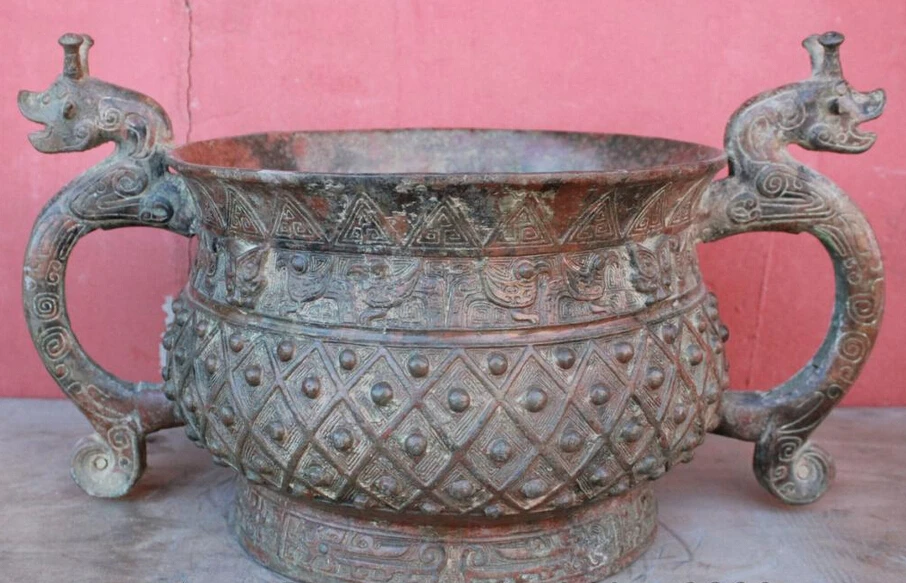 

USPS to USA S1777 17" Old Tibet Bronze Dynasty Folk Dragon Head Statue Jar Incense Burner Censer B0401